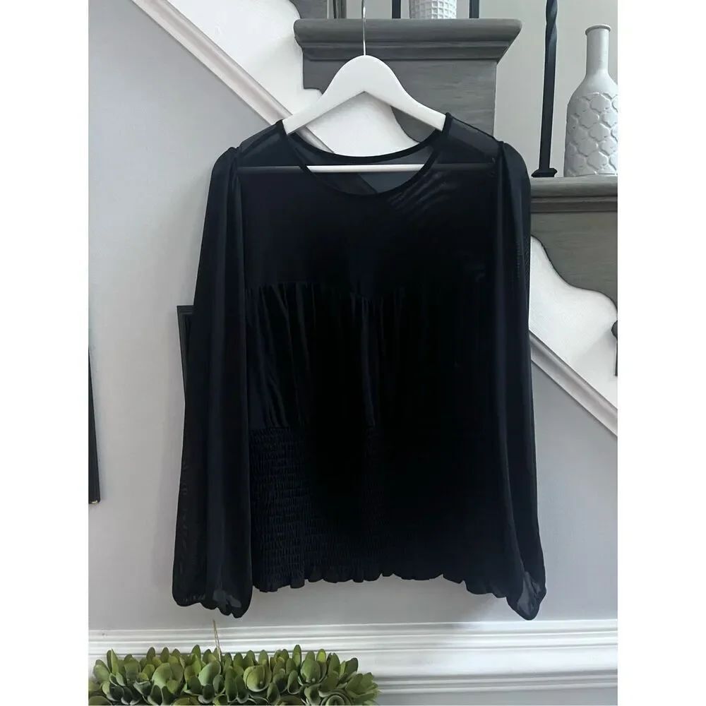 Torrid Black Sheer Yolk Smocked Waist Dark Academia Blouse sz 3X EUC